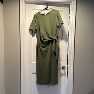 Olive Green Midi Dress with Waist Tie